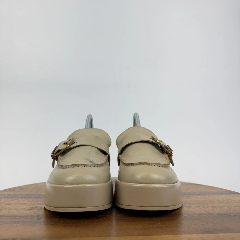 New Womens Dolce Vita Yonder Beige Leather‎ Platform Heeled Loafers Size 9.5 M
